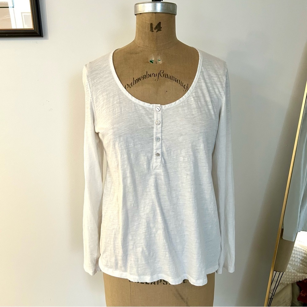 Eileen Fisher White Long-Sleeve Scoop Neck Button Henley 100% Cotton Top Sz L/M
